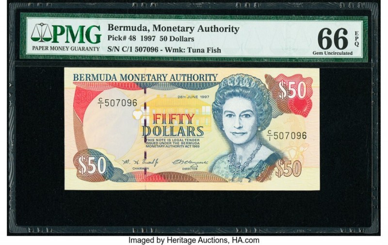 Bermuda Monetary Authority 50 Dollars 1997 Pick 48 PMG Gem Uncirculated 66 EPQ. ...