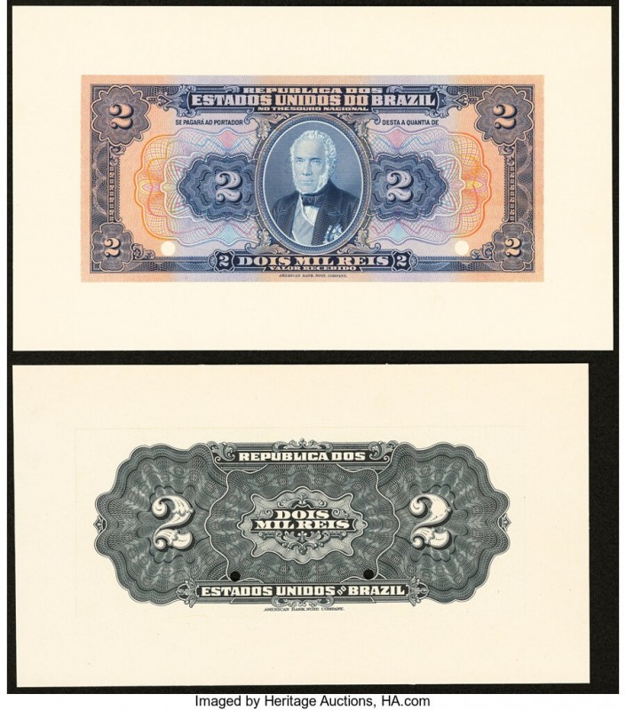 Brazil Thesouro Nacional 2 Mil Reis ND (1919) Pick 14p Front and Back Proofs Cri...