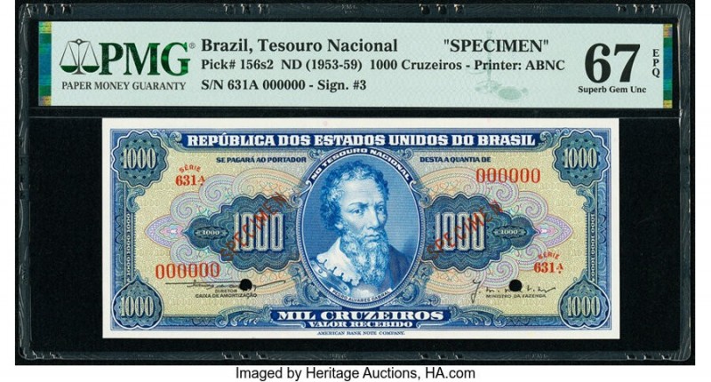 Brazil Tesouro Nacional 1000 Cruzeiros ND (1953-59) Pick 156s2 Specimen PMG Supe...