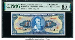 Brazil Tesouro Nacional 1000 Cruzeiros ND (1953-59) Pick 156s2 Specimen PMG Superb Gem Unc 67 EPQ. Red Specimen overprints; two POCs.

HID09801242017
...