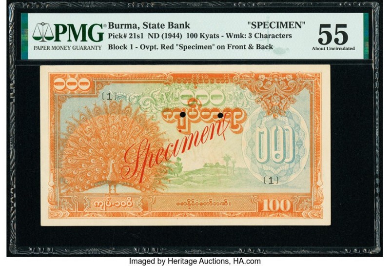 Burma State Bank 100 Kyats ND (1944) Pick 21s1 Specimen PMG About Uncirculated 5...