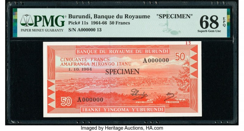 Burundi Banque du Royaume du Burundi 50 Francs 1.10.1964 Pick 11s Specimen PMG S...