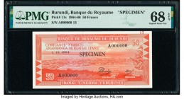 Burundi Banque du Royaume du Burundi 50 Francs 1.10.1964 Pick 11s Specimen PMG Superb Gem Unc 68 EPQ. Black Specimen overprints.

HID09801242017

© 20...