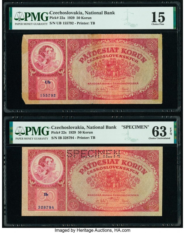 Czechoslovakia Czechoslovak National Bank 50 Korun 1929 Pick 22a; 22s Issued and...
