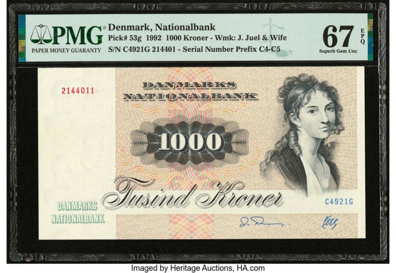 Denmark National Bank 1000 Kroner 1992 Pick 53g PMG Superb Gem Unc 67 EPQ. 

HID...