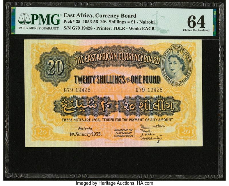 East Africa Currency Board 20 Shillings = 1 Pound 1.1.1955 Pick 35 PMG Choice Un...