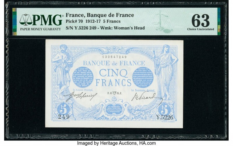 France Banque de France 5 Francs 1912-17 Pick 70 PMG Choice Uncirculated 63. Sta...