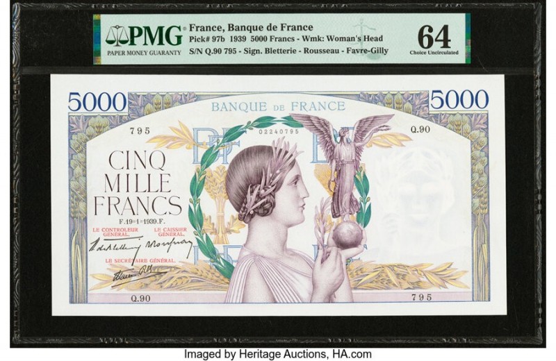 France Banque de France 5000 Francs 19.1.1939 Pick 97b PMG Choice Uncirculated 6...
