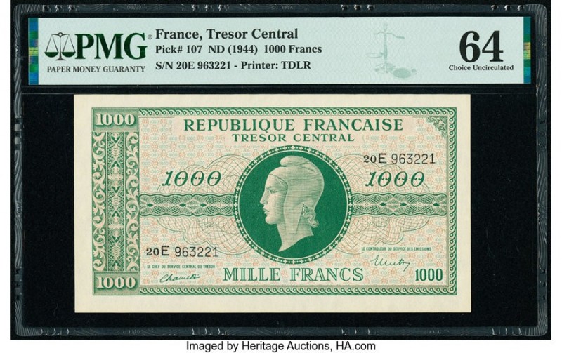 France Tresor Central 1000 Francs ND (1944) Pick 107 PMG Choice Uncirculated 64....