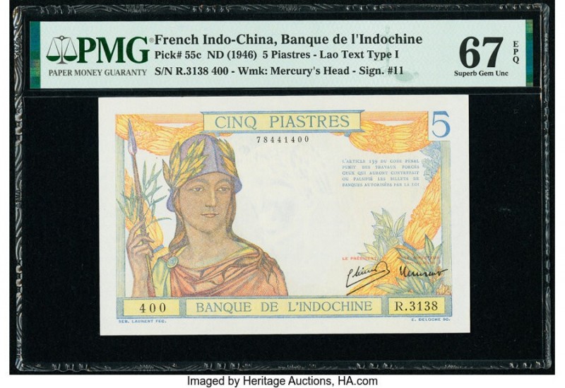 French Indochina Banque de l'Indo-Chine 5 Piastres ND (1946) Pick 55c PMG Superb...