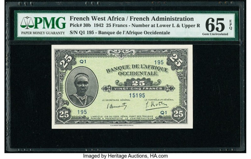 French West Africa Banque de l'Afrique Occidentale 25 Francs 1942 Pick 30b PMG G...