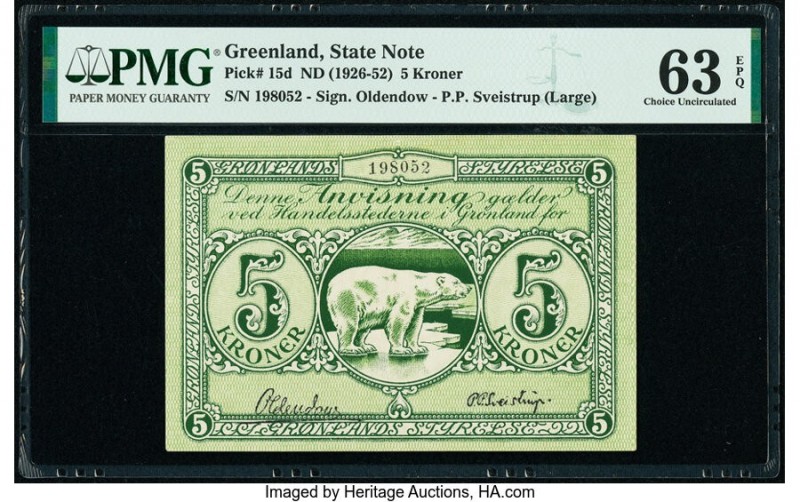 Greenland State Note 5 Kroner ND (1926-52) Pick 15d PMG Choice Uncirculated 63 E...
