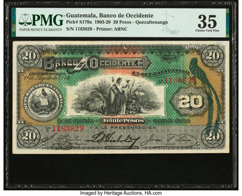 Guatemala Banco de Occidente en Quezaltenango 20 Pesos 1.8.1914 Pick S179a PMG C...