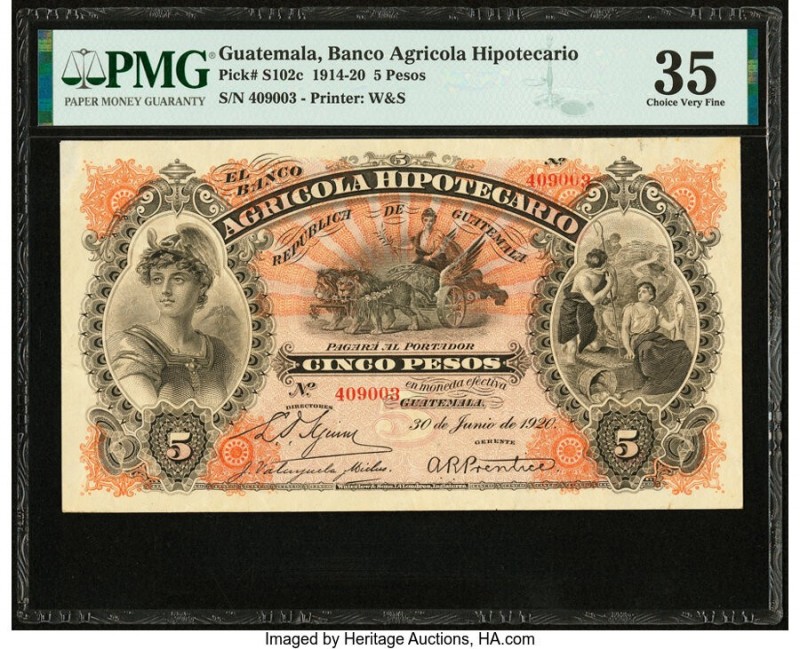 Guatemala Banco Agricola Hipotecario 5 Pesos 30.6.1920 Pick S102c PMG Choice Ver...