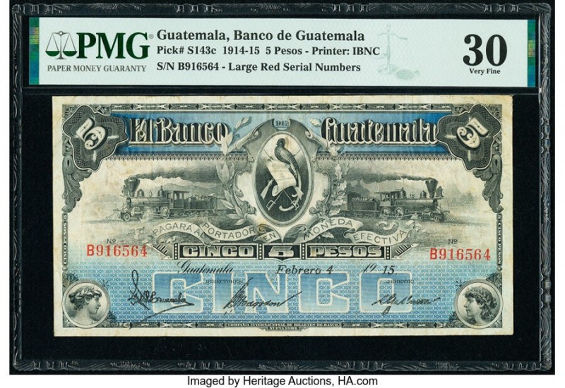 Guatemala Banco de Guatemala 5 Pesos 4.2.1915 Pick S143c PMG Very Fine 30. 

HID...