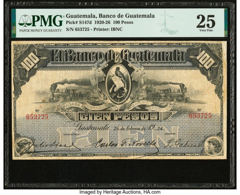 Guatemala Banco de Guatemala 100 Pesos 26.2.1924 Pick S147d PMG Very Fine 25. 

...