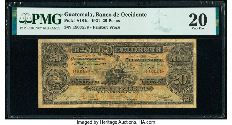 Guatemala Banco de Occidente en Quezaltenango 20 Pesos 2.11.1921 Pick S181a PMG ...