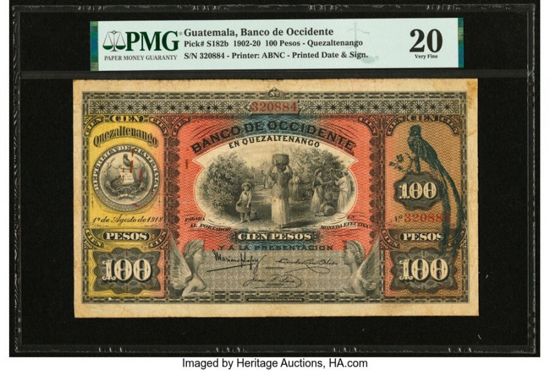 Guatemala Banco de Occidente en Quezaltenango 100 Pesos 1.8.1918 Pick S182b PMG ...
