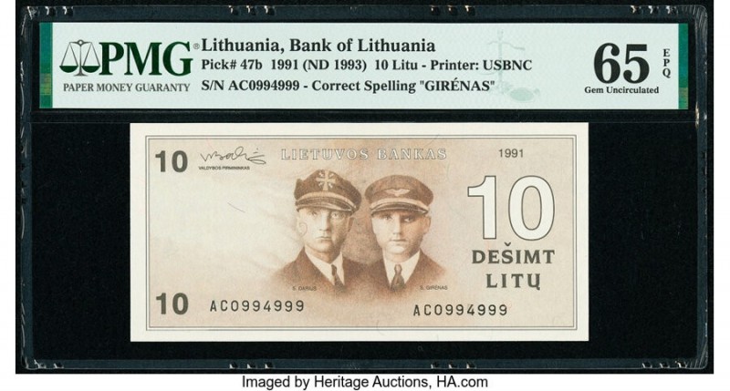 Lithuania Bank of Lithuania 10 Litu 1991 (ND 1993) Pick 47b PMG Gem Uncirculated...