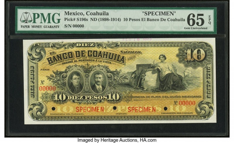 Mexico Banco De Coahuila 10 Pesos ND (1898-1914) Pick S196s M168s Specimen PMG G...