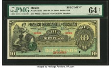 Mexico Banco Mercantil de Yucatan 10 Pesos ND (1900-04) Pick S454s M549s Specimen PMG Choice Uncirculated 64 EPQ. Cancelled with 2 punch holes. 

HID0...