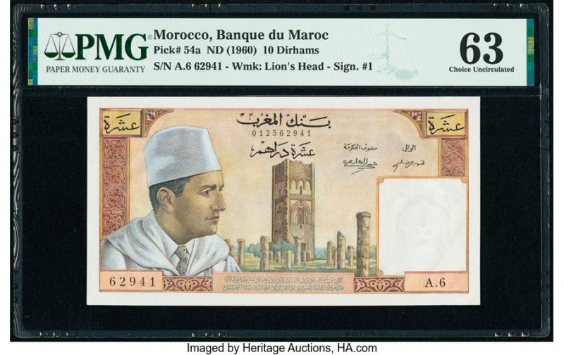 Morocco Banque du Maroc 10 Dirhams ND (1960) Pick 54a PMG Choice Uncirculated 63...