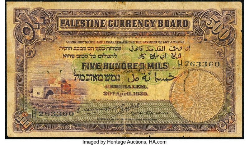 Palestine Currency Board 500 Mils 20.4.1939 Pick 6c Fine. Tape repairs. There wi...