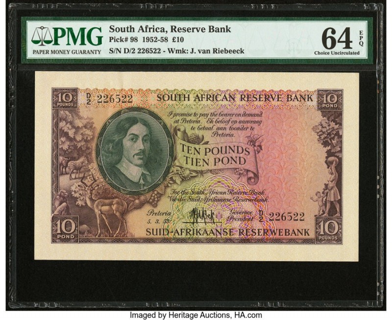 South Africa South African Reserve Bank 10 Pounds 5.3.1953 Pick 98 PMG Choice Un...