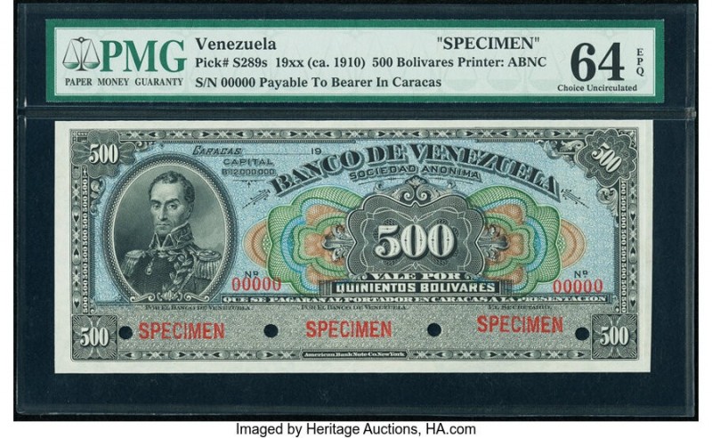 Venezuela Banco de Venezuela 500 Bolivares ND (ca. 1910) Pick S289s Specimen PMG...