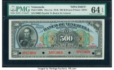 Venezuela Banco de Venezuela 500 Bolivares ND (ca. 1910) Pick S289s Specimen PMG Choice Uncirculated 64 EPQ. Red Specimen overprints; four POCs.

HID0...