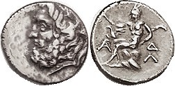 ARKADIAN League, Triobol, 175-168 BC, Zeus head l./ Pan std l., on rock, eagle o...