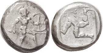 ASPENDOS, Stater, 465-430 BC, Warrior adv rt with spear & shield/triskeles in in...