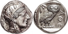 ATHENS, Tet, 449-413 BC, Athena head r/owl stg r, S2526; Choice Mint State, perfectly centered, good lustrous metal with some nice toning. Sharply str...