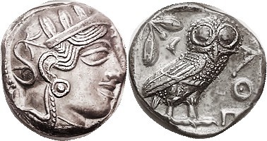 ATHENS, Tet, 449-413 BC, Athena head r/owl stg r, S2526; EF, very well centered ...