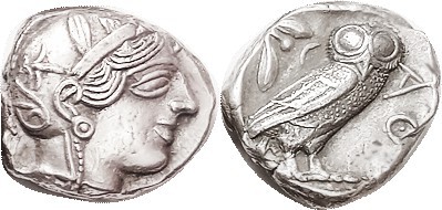 ATHENS, Tet, 449-413 BC, Athena head r/Owl stg r; bought from Heritage attribute...