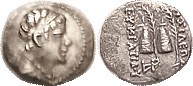 BAKTRIA, Eukratides I, 171-135 BC, Obol, Diademed head r/caps of the Dioscuri with palm branches, S7577; EF, a tiny bit off-ctr, sl touch of porosity ...