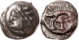 R CELTIC, GAUL, Leuci, cast Potin, 19 mm, 1st cent BC, Head l., with diagonal band/boar stg l, crosslike symbol below, LaT 9078var; Choice VF, nrly ce...