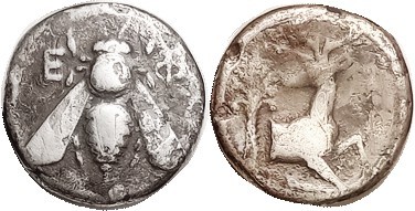 EPHESOS, Tet, 390-325 BC, Bee/Stag kneeling rt, palm behind, as S4372 (£500); F+...