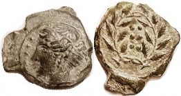 HIMERA, Æ17x19 (Hemilitron), 420-408 BC, Nymph hd l./6 pellets in wreath, S1110; VF+, sl off-ctr on an unusually large ragged flan with big casting sp...