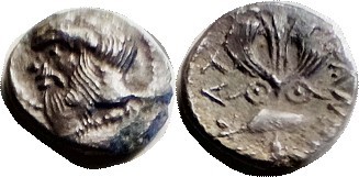 KATANE, Ar Litra, 461-450 BC, Silenos head l./Winged thunderbolt betw shields, l...