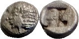 KOLOPHON, Tetartemorion (5 mm, .18 g), 530-500 BC, Archaic Apollo head left/4-[part incuse square, VF, centered, with a clear detailed head. Scarce ea...