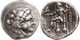 MACEDON, Alexander the Great, Tet, of Tyre, Herakles hd r/Zeus std l, at left date in tiny Phoenician letters (not entirely legible?); F+/VF, obv cent...