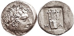 MASIKYTES, Lycian League Hemidrachm, c. 27-20 BC, Apollo head r/M-A, Lyre in incuse square, no symbol; EF, somewhat off-ctr, obv to bottom affecting l...