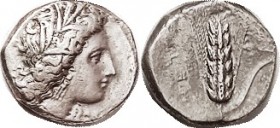 METAPONTUM, Nomos, 330-300 BC, Demeter head r DAI under chin/Corn grain, plow above leaf at right, MAX below; VF, centered, ltly porous mainly on rev,...