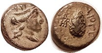 R METROPOLIS, (Ionia), Æ12, 1st cent BC, Kybele head r/Pine cone, S4499; Choice VF, nrly centered, hilighted olive-brown patina. Rare! (Nicer than Sea...