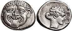 NEAPOLIS (Macedon), Hemidrachm, 424-350 BC, Facing Gorgoneion/nymph head r, lgnd at rt, S1417; EF, nrly centered & well struck with strong detail, bol...