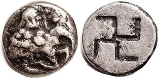 The ORRESKIOI, Stater, 500-480 BC, Centaur carrying nymph/incuse square in clear...