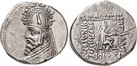 PARTHIA, Sinatrukes (Used to be Gotarzes I), Drachm, Sel. 33.3, bust in tiara with stags; EF/VF, nrly centered, good metal with lt tone, minor rev cru...