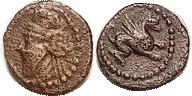 R PARTHIA, Osroes I, AD 109-29, Æ10 Chalkos, Sellw.80.29, bust left with round hair bunch/griffon rt; VF, only sl off-ctr, medium brown patina, quite ...