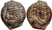 R PARTHIA, Vologases IV, Æ13, Dichalkon, Bust l./ Tyche bust r, Sellw. 84.144 etc, date off flan; VF, centered, dark patina with some earthen hilighti...